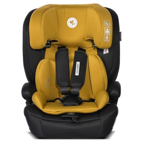 Lorelli Auto Kindersitz Colombo i-Size, mitwachsender Autositz für Kinder von 76-150 cm, Babysitz, Autokindersitz, Einstellbare Kopfstütze, 5-Punkt-Sicherheitsgurt, gelb