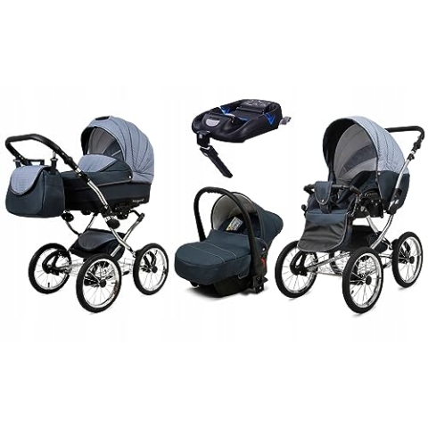 BabyLux® Kinderwagen Set 4 in 1 - Margaret Exclusive - incl. Babywanne, Buggy Sportsitz, Auto-Babyschale, ISOFIX-Basisstation - Autositz - Kinderwagenset - Kombikinderwagen mit Wickeltasche usw.