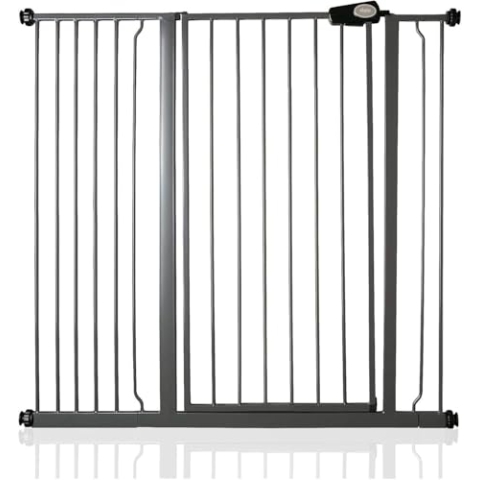 Bettacare Extra Hohes Sicherheitsgitter für Kinder und Hunde, 113.8cm - 121.4cm, Schiefergrau, Extra Hohes Babygitter von 104cm Höhe, Druckmontage-Sicherheitsgitter für Treppen