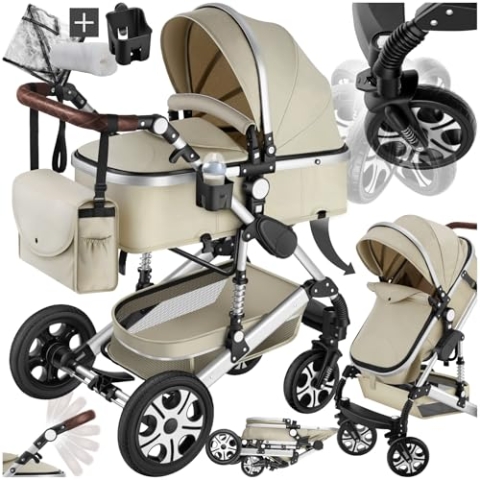tectake® 2 in 1 Kinderwagen, klappbarer Kinderwagen Buggy mit Liegefunktion, mit Fußsack Kinderwagen, Getränkehalter Kinderwagen, herausnehmbarer Babywanne und Regenschutz Kinderwagen - grau/beige