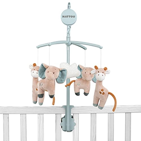 Nattou Mobile mit Spieluhr aus Baumwolle und Polyester, Giraffe und Elefant, Sanftes Wiegelied "La-Le-Lu", Ca. 31 x 31 cm, Luna und Axel, Grün / Beige