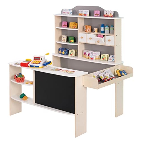 roba Kaufladen, inkl. Zubehör, natur, weiß/grau, 4 Schubladen, Uhr, Tafel, Theke & Seitentheke