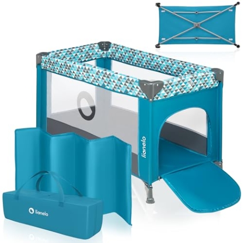 LIONELO Stefi Baby Laufstall, Kinderbett, Reisebett ab Geburt bis 15 kg, Seiteneingang, Sicherungssystem LockGuard, Blockade der Räder, Tragetasche, zusammenklappbar