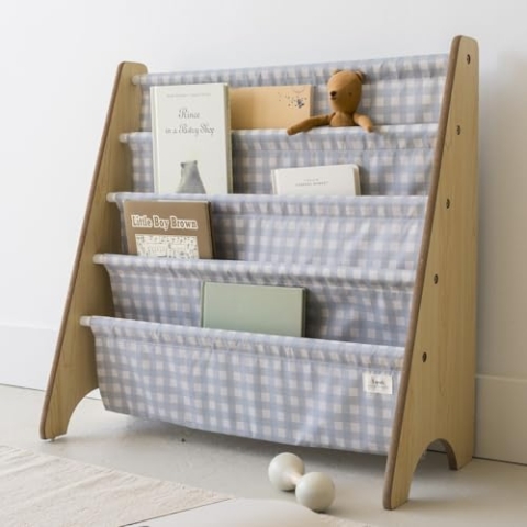 3 Sprouts Kinder Bücherregal aus Holz – Montessori Regal für Kinderzimmer - Gingham Blau