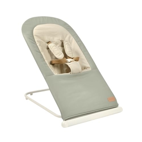BÉABA, Faltbare Babywippe, 3 Neigungen in 1 Knopf, Ultrakompakt und Schlank, 5-Punkt-Gurtsystem, Patentiertes Faltsystem, 100% Baumwolle, Bis zu 15 kg, Inklusive Transporttasche, Eazy Relax - Lichen