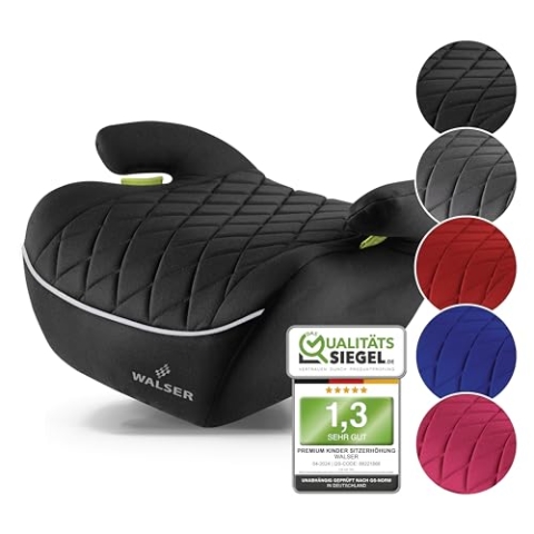WALSER Premium Kinder Sitzerhöhung Auto Andy, Qualitätssieger Sehr Gut* Kindersitz Auto leicht waschbar, Kindersitzerhöhung Auto 125-150 cm neueste Norm ECE R 129, Sitzerhöhung Auto Kinder schwarz