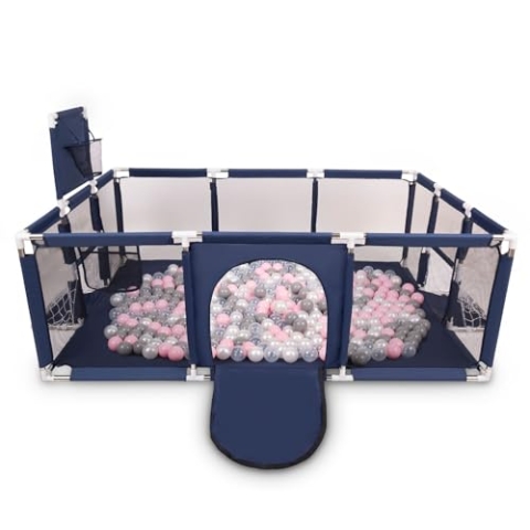 Selonis Laufstall Baby Großer Spielplatz Mit 200 Bälle Laufgitter Für Kinder, Dunkelblau:Perle/Grau/Transparent/Puderrosa