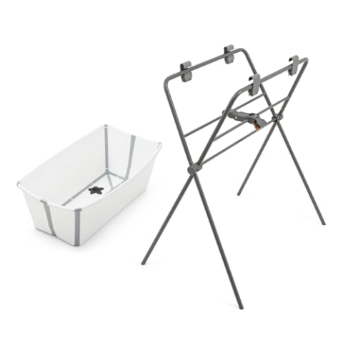 Stokke Flexi Bath (White) + Flexi Bath Stand - Babybadewanne für Babys bis 10 kg - Faltbar, langlebig und einfach zu verstauen - Bequem zu Hause oder auf Reisen zu verwenden
