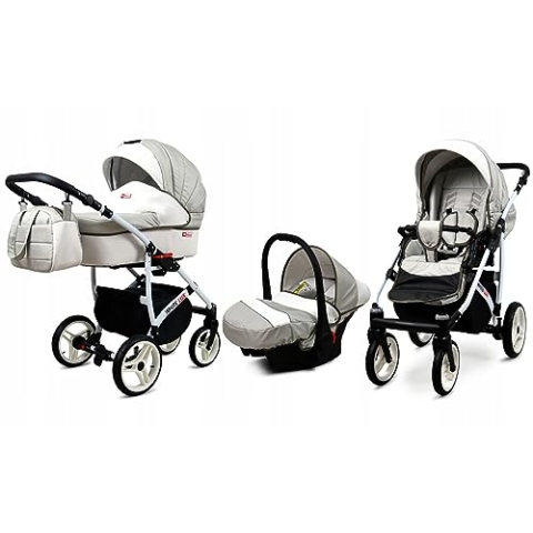 BabyLux® Bambimo Kinderwagen Set 3 in 1 - White Lux - incl. Babywanne, Buggy Sportsitz, Auto-Babyschale - Autositz - Kinderwagenset - Kombikinderwagen mit Wickeltasche, Regenschutz usw.