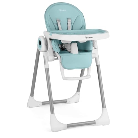 NUKIDO BELO Premium - Babyhochstuhl mit Gurt und Abnehmbarem Tablett - Klappbarer Fütterungsstuhl mit Liegefunktion und Rollen - Mitwachsender - von 6 bis 36 Lebensmonat - 120 x 56 x 75 - Hellblau