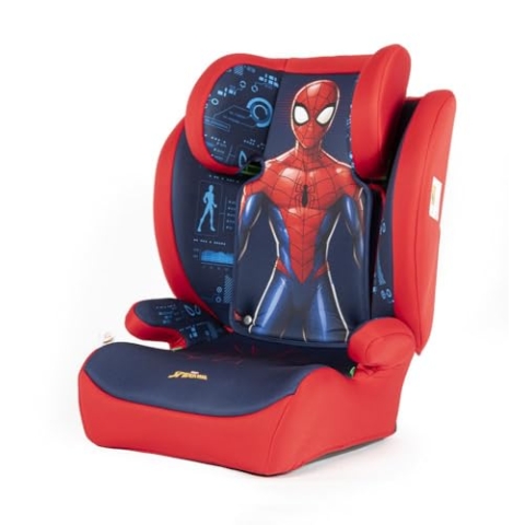 Marvel Spiderman Autositz für die Sicherheit von Kindern mit einer Höhe von 100 bis 150 cm mit Grafiken des Superhelden Spider-Man auf rotem und blauem Hintergrund
