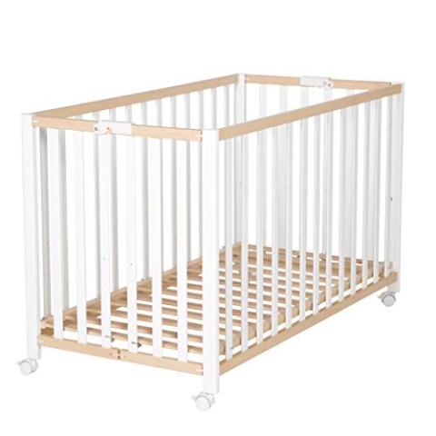 roba Klappbett Fold Up 60 x 120 - Klappbares Babybett aus Holz - 2-fach höhenverstellbar - Platzsparendes Gitterbett auf Rollen - Bio Buche bicolor