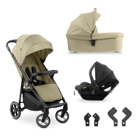 hauck 3in1 Kinderwagen Set Shop N Care Trio Set inkl. Buggy, Babywanne, Babyschale ab Geburt bis 22 kg, Klein Zusammenklappbar, Liegefunktion, Getränkehalter & Tablett, UV-Schutz 50+ (Olive)