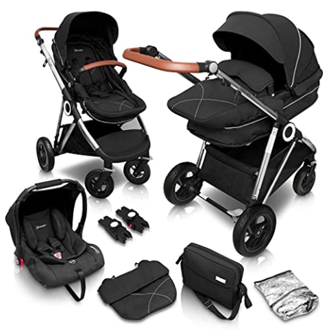 babyGO Halime Air Kinderwagen 3 in 1 - Luftreifen Edition perfekt für jedes Gelände - Voll-Gummireifen - Wickeltasche/Regenschutz/Wintersack (Anthrazit Schwarz-Silber Gestell)