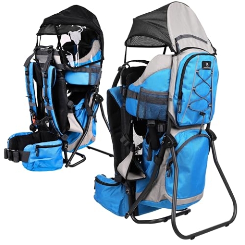 Dromader Kraxe Kindertrage bis 22kg – Kindertrage Wandern mit Sonnendach, Regenschutz, Thermotasche, Wickelmatte – Einhändig klappbare Rahmen – Blau