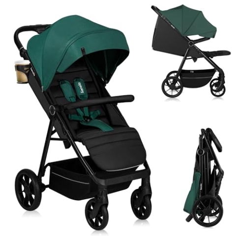 LIONELO Mira Kinderwagen bis 22 kg, von 6 m bis 4 Jahren, Räder 360° drehbar, Gesamtdämpfung, Rückenlehne und Fußstütze verstellbar, XXL-Vorzelt UPF50+, großer Korb bis 3 kg (Grün)