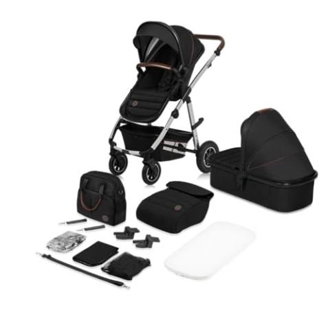 LIONELO Amber Kinderwagen 2 in 1 Kombikinderwagen, Kinderwagen Set mit sportlichen Sitz und fester Babywanne, Tasche, Moskitonetz, Abdeckung Regenblatt (Schwarz Silber)