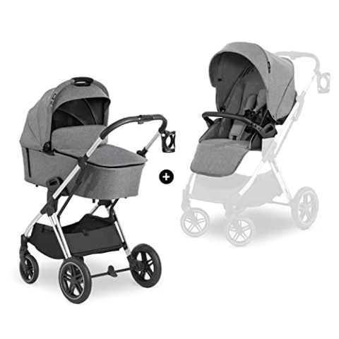 hauck 2 in 1 Kinderwagenset Vision X Set ab Geburt bis 22 kg mit Babywanne, wendbaren Sportsitz mit Beindecke und Liegefunktion, UPF 50+, Gummiräder, Getränkehalter, Zusammenklappbar (Melange Grey)