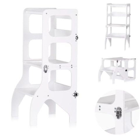Chipolino Kinder Lernturm 2 in 1, Tisch und Hocker, Helferturm, Stehhilfe, Holz, Farbe:weiß