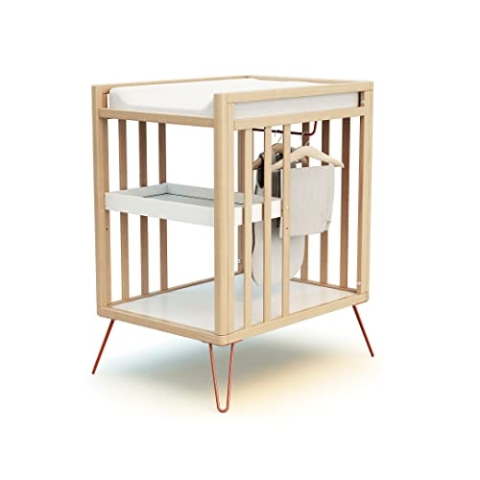 JURABABY – Wickeltisch aus Holz mit 2 Ablagen, NUR Terrakotta| 76 x 56 x 94 cm | Mit Tablett, Regal und Garderobe | Kompakt | Stabil mit Stahlbeinen