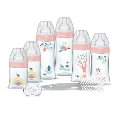 DODIE Set für Neugeborene – 6 Fläschchen gegen Koliken (2 x 150 ml; 2 x 270 ml; 2 x 330 ml), 1 anatomischer Schnuller, 0-2 Monate, 1 Flaschenbürste – BPA-frei – Rosa