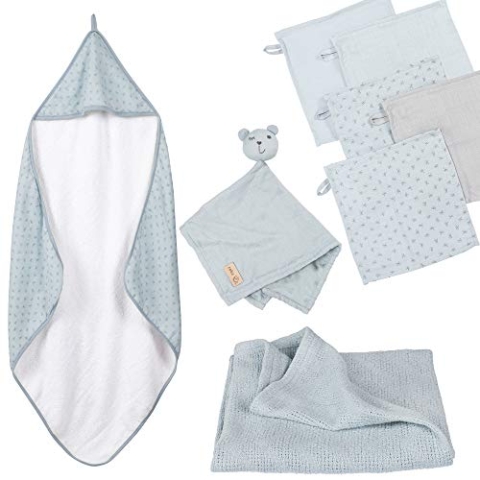 roba Geschenk Baby Pflege - Set zur Geburt - Handtuch, Waschlappen, Schmusetuch & Decke - Bio Baumwolle - GOTS zertifiziert - für Mädchen & Jungen - Hellblau