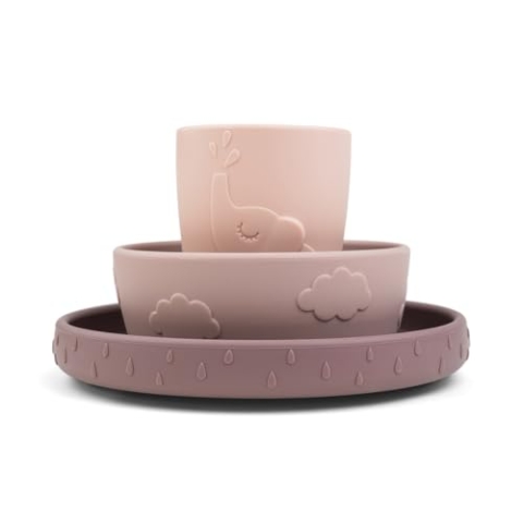 Done by Deer Stick&Stay Geschirr-Set Deer friends Rosa - Kinderteller, Schüssel und Trinkbecher aus 100% Silikon in Lebensmittelqualität