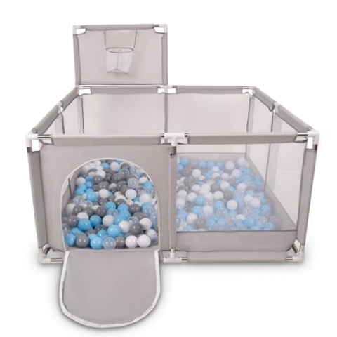Selonis Laufstall Mit Korb Und 400 Bälle Bälle Laufgitter Für Kinder, Grau:Grau/Weiß/Transparent/Babyblue
