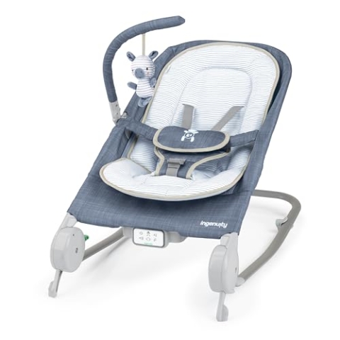 Ingenuity Happy Belly Babywippe & Babyschaukel mit Massage, Vibration, Musik & Faultier, lindert Bauchweh, 0–6 Monate – Blau (Chambray)