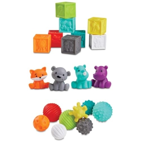 Infantino Sensory Balls Blocks & Buddies - 20 piece basics set for sensory exploration, fine and gross motor skill development and early introduction to colors, counting, sorting and numbers