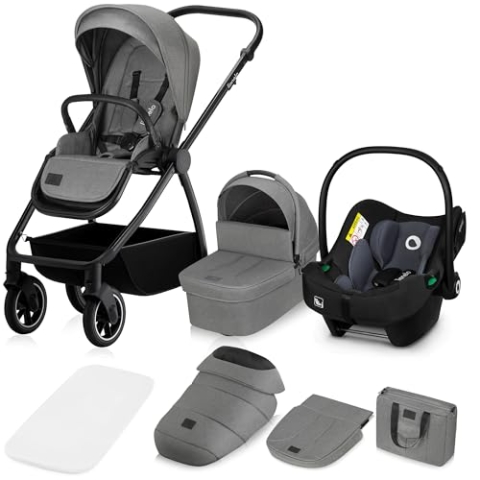 LIONELO MERIL 3-in-1 Multifunktionaler Kinderwagen 0-48 Monate Bis zu 22 kg, Babywanne bis zu 9 kg, Kindersitz bis zu 13 kg, Geländeräder 360°, Vollfederung, XXL-Verdeck mit UPF50+