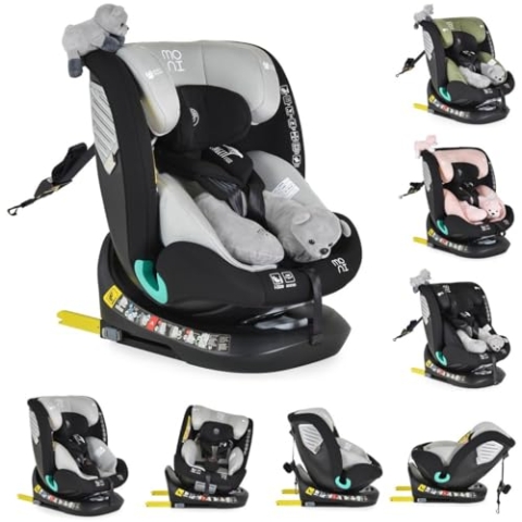 Moni Kindersitz Serengeti i-Size (40-150cm) Isofix, Kuscheltier, Nackenkissen, Farbe:grau