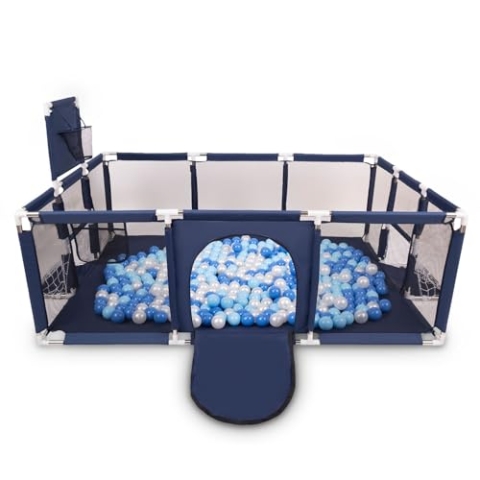 Selonis Laufstall Baby Großer Spielplatz Mit 200 Bälle Laufgitter Für Kinder, Dunkelblau:Babyblau/Blau/Perle