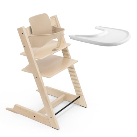 Stokke Tripp Trapp Hochstuhl (Natural) mit Stokke Tray (White) - Beinhaltet Tripp Trapp Stuhl, Baby Set 2 für Kinder 6-36 Monate und Stokke Tray - Verstellbar, ergonomisch und leicht zu reinigen