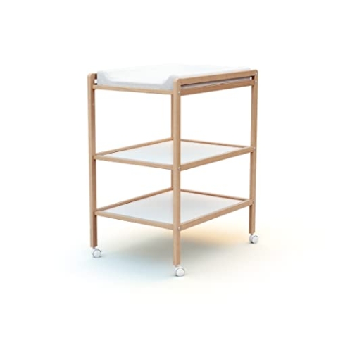 AT4 - Wickeltisch mit 2 Regalen ESSENTIEL Lackierte Buche | 75 x 58 x 94 cm | Wickelkommode mit Rollen | Platzsparend | Kompakt