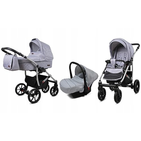 BabyLux® Bambimo Kinderwagen Set 3 in 1 - Qbaro - incl. Babywanne, Buggy Sportsitz, Auto-Babyschale - Autositz - Kinderwagenset - Kombikinderwagen mit Wickeltasche, Regenschutz usw.