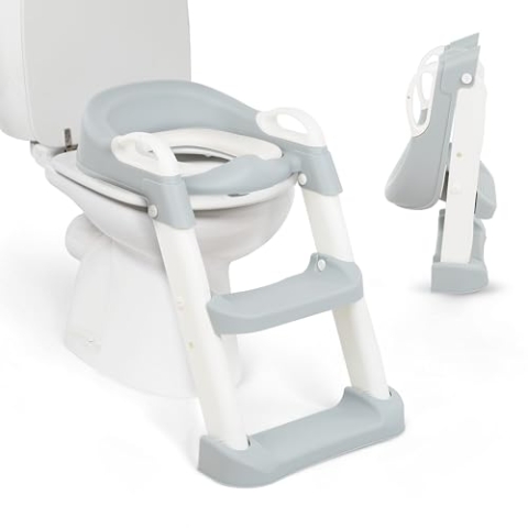 KikkaBoo Toilettensitz für Kinder mit Treppe LEA, Toilettentrainer, Zusammenklappbar & einstellbar, anatomischer Aufbau, Weiche, Herausnehmbare Polsterung, Griffe, Rutschfest, 18+ Monaten, Grau