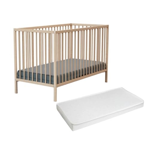 WEBABY - Babybett Holz mit Matratze 60x120cm Buche Natur | Kinderbett | Von Geburt an | Schlafkomfort | Lattenrost | Bett mit Gitterstäben | Verstellbarer Lattenrost in 3 Höhen