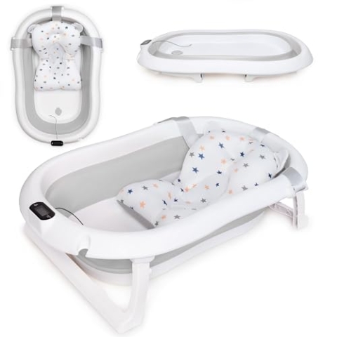 moovkee. Baby Badewanne Faltbar mit Thermometer und Badekissen - Faltbare Badewanne Baby 80cm - Babywanne Einsatz - Babybadewanne Neugeborene Baby - Wanne Set Neugeboren - Baby Bathtub