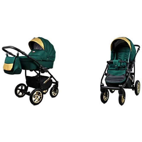 BabyLux Gold Lux 2-in-1 Baby Kinderwagen Tief und Kinderwagen mit Zubehör Verstellbar und faltbar Aluminium Konstruktion Wasserdicht Nicht abnehmbare Räder Bottle Green Black Frame