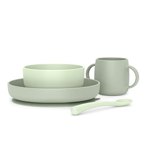Suavinex, Kindergeschirr Set, Baby-Essensset, Silikongeschirr, Kinderteller mit Saugnapf. Teller + Schüssel + Löffel + Tasse. Lebensmittelgerechtes Silikon, Spülmaschinenfest, Mikrowellengeeignet Grün