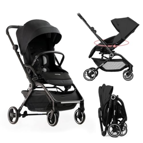 Hamilton by Yoop T1 Buggy - 360° drehbarer Sitz - MagicFold™ Technologie - Zusammenklappbar - Inklusive Schutztasche und Becherhalter - Verstellbarer und wendiger Kinderwagen - Schwarz