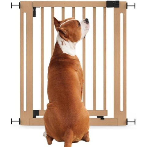 Bettacare Naturholz Elegance Treppenschutzgitter, Natur, 79cm - 87cm, Druckmontage Sicherheitsgitter, 57cm Extra Breite Türöffnung, Einteiliges Extra Breites Gitter für Welpen, Hunde und Haustiere