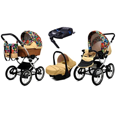 BabyLux Kinderwagen 4in1 mit Autositz für Kleinkinder – Kinderwagen für Neugeborene und Kleinkinder –– Baby Neugeborenen Kinderwagen – ISOFIX Autositzbasis – Max 15kg – Jungle Flowers Silver Frame