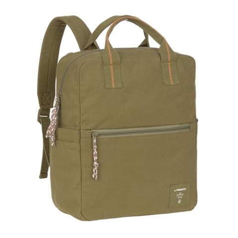 LÄSSIG Baby Wickelrucksack Wickeltasche mit Wickelunterlage und Kinderwagenbefestigung wasserabweisend/Little One & Me Square Backpack Big olive