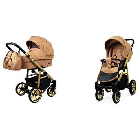 BabyLux Color Lux 2-in-1 Baby Kinderwagen Tief und Kinderwagen mit Zubehör Verstellbar und faltbar Aluminiumkonstruktion Wasserdichte Nicht abnehmbare Räder Sand Pearl Gold Frame