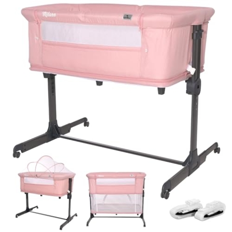 Lorelli Baby Beistellbett Milano 2 in 1, Reisebett, Babybett, Stubenwagen mit faltbaren Seitenwand, höhenverstellbare Babywiege mit Matratze, faltbar, Zustellbett, Rollen, 0-6 Monate, rosa