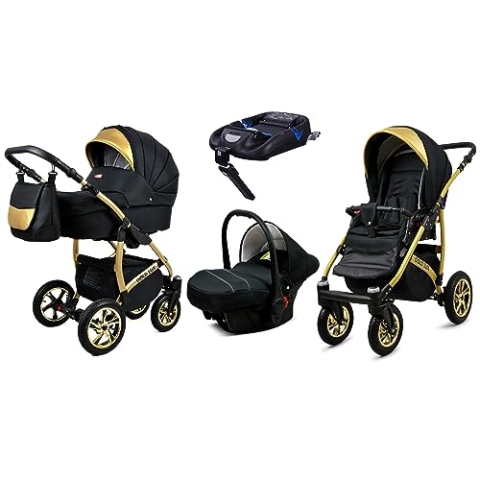 BabyLux® Kinderwagen Set 4 in 1 - Gold Lux - incl. Babywanne, Buggy Sportsitz, Auto-Babyschale, ISOFIX-Basisstation - Autositz - Kinderwagenset - Kombikinderwagen mit Wickeltasche usw.