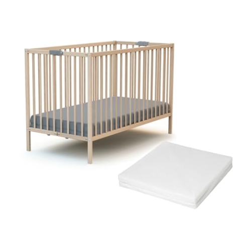 WEBABY - Klappbares Babybett Holz natur 60x120 cm mit Matratze FLEX |Faltbares Kinderbett |3 Stufen Höhenverstellbar|Kompakt | Transportierbar | Zusammenklappbar |Platzsparend