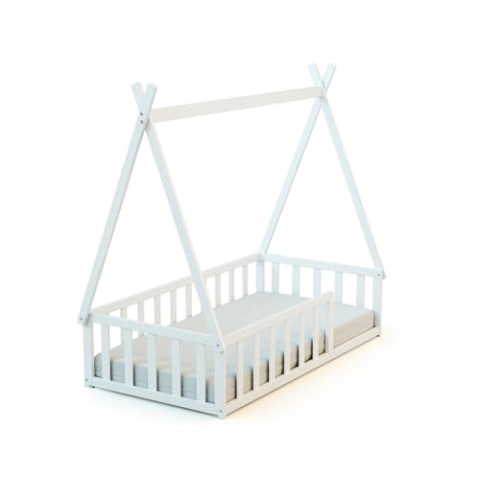 WEBABY - Holzbodenbett 70 x 140 cm Weiß |Gitterbett mit Lattenrost inklusive | Schlafkomfort | Autonomie | MassivHolz | Cabane